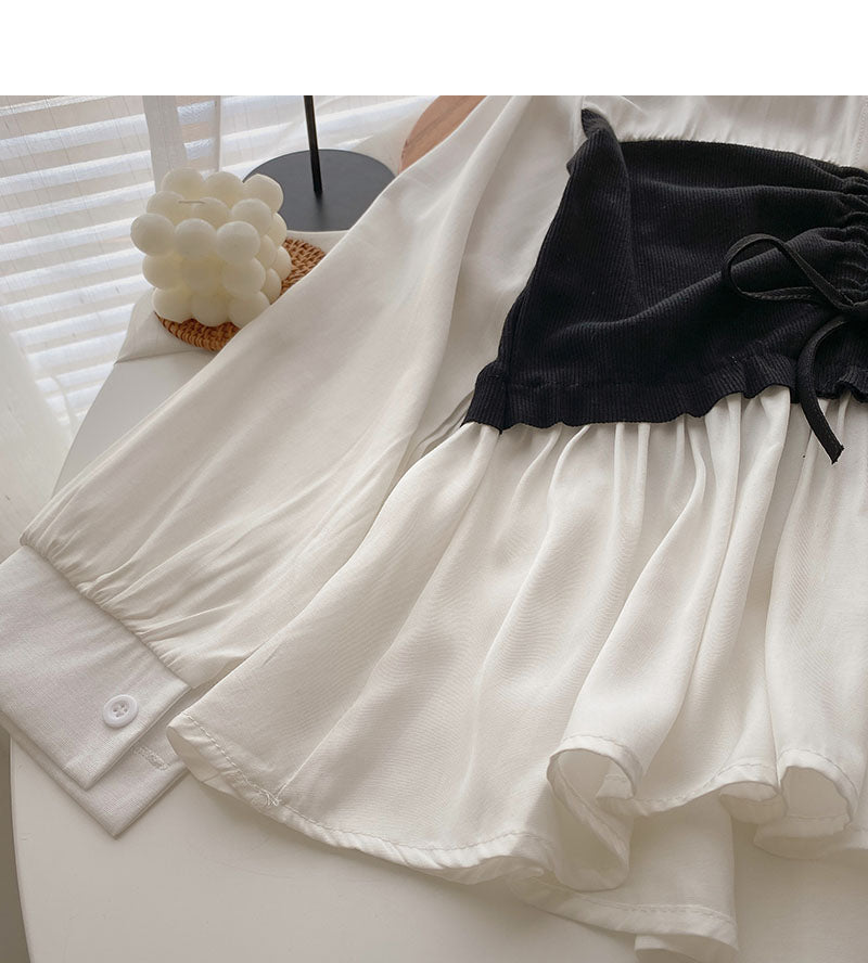 Shirt Female Minority design color matching drawstring fake two pieces  6287