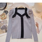 French square neck contrast thin long sleeve sweater  6625