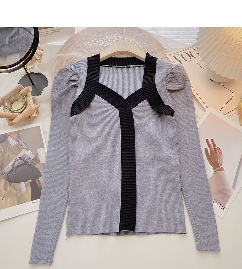 French square neck contrast thin long sleeve sweater  6625