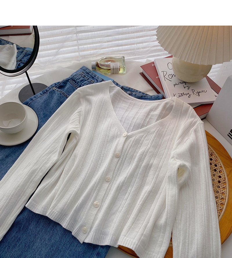 Temperament V-neck short long sleeve versatile top  6464