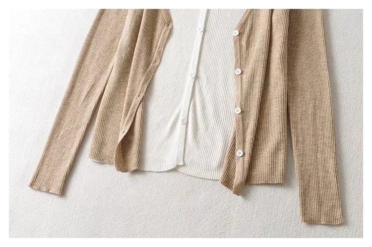 V-neck breasted color contrast fake two slim knit Cardigans  7471