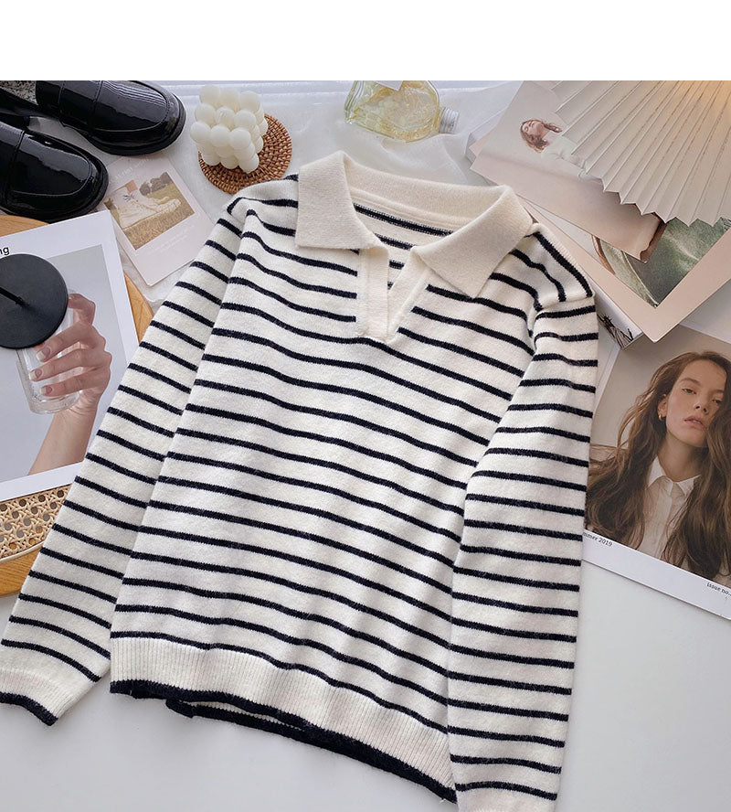 Striped knitted Pullover Sweater lazy temperament thin top  6571