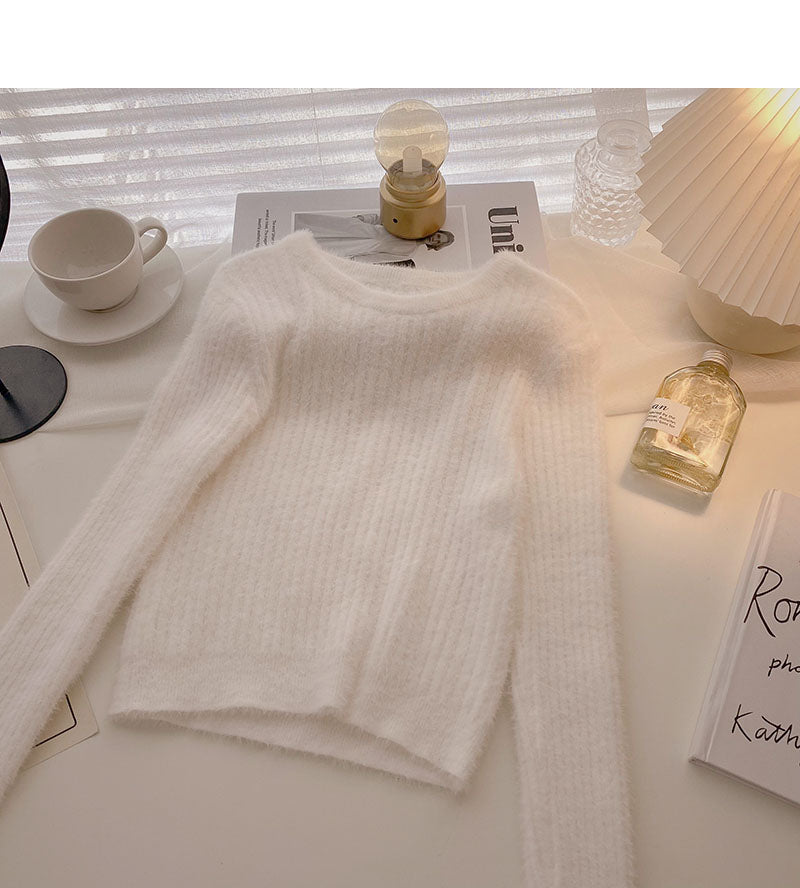 Korean slim fit versatile round neck long sleeve mink coat  5868