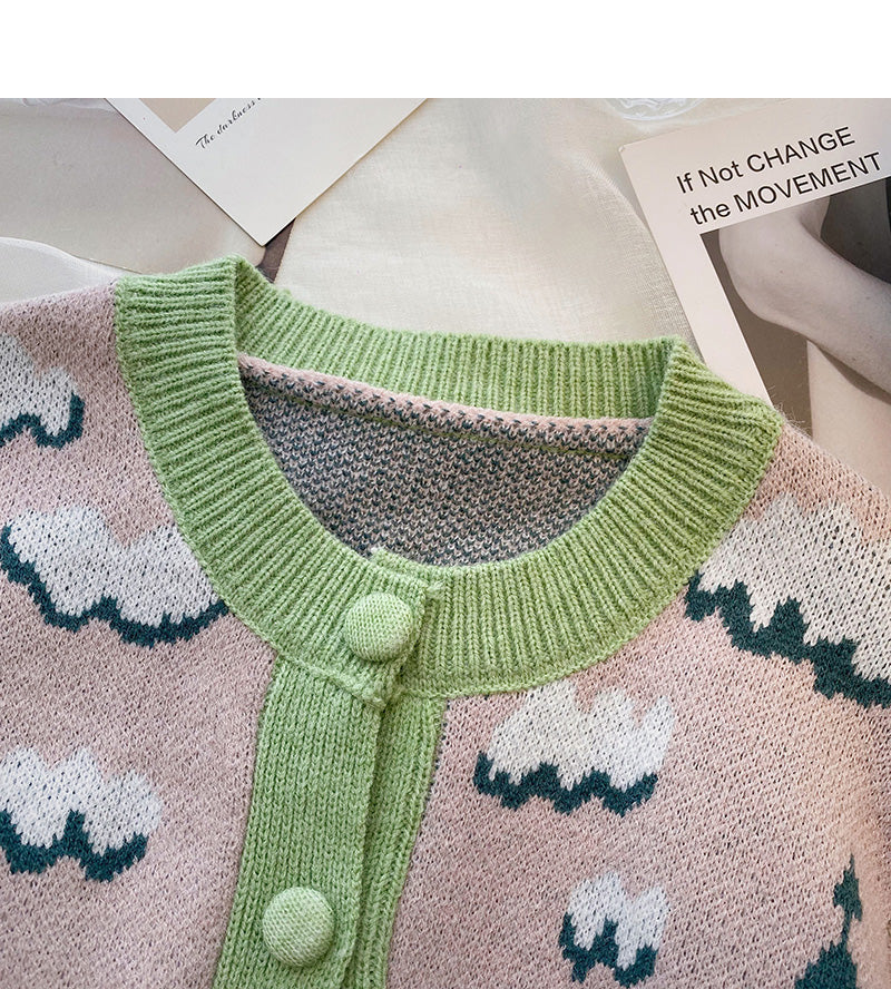 Foreign style retro oil painting color matching coat knitted cardigan  5960