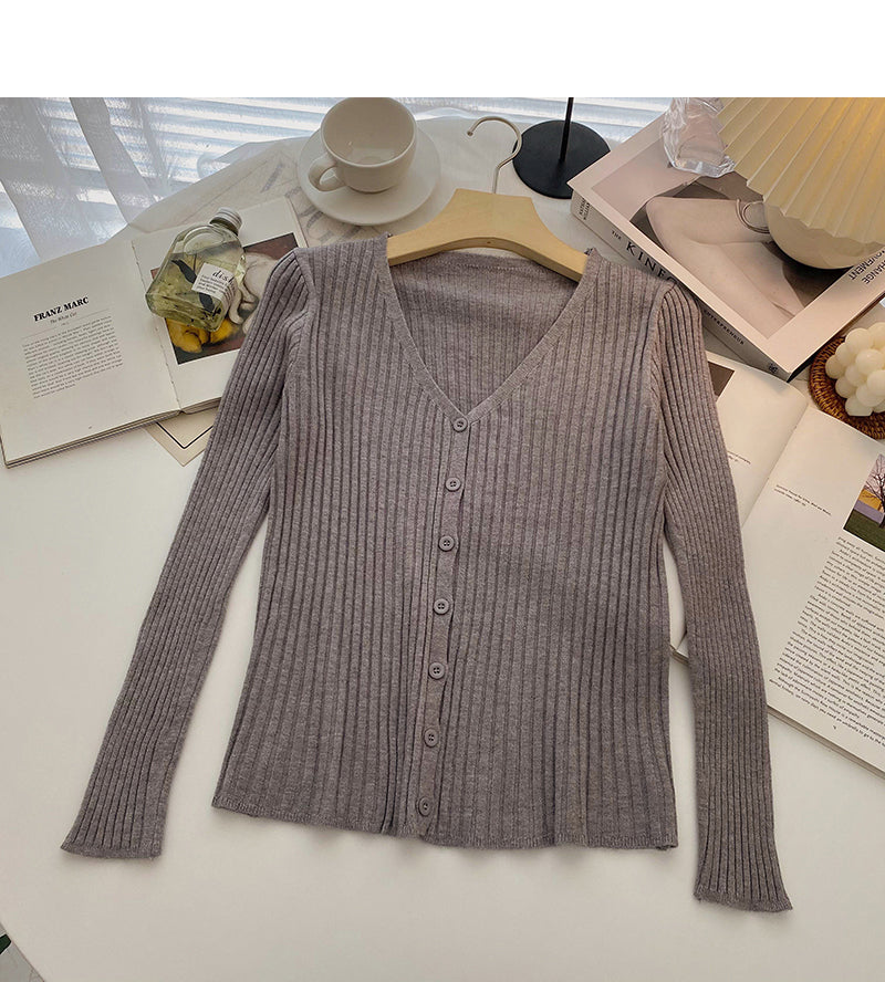 Knit cardigan slim slim V-Neck long sleeve top  6514