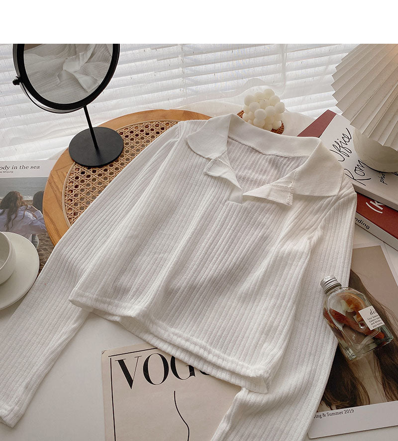 Simple casual short Lapel Pullover long sleeve top  6665
