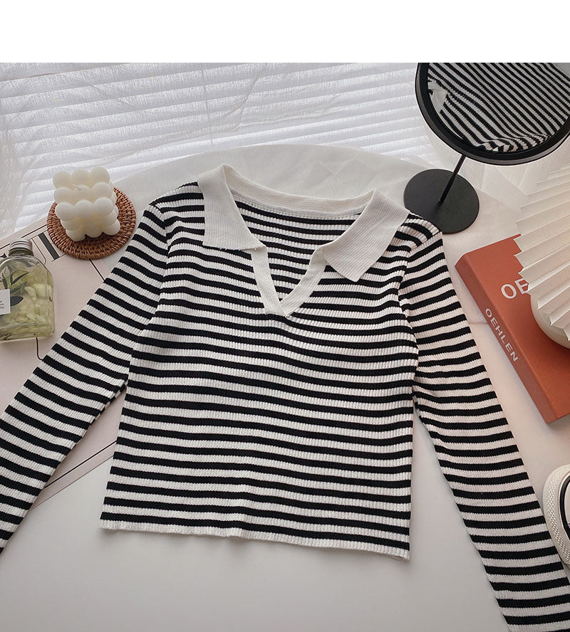 T-shirt Lapel stripe contrast color shows thin slim top fashion  6538