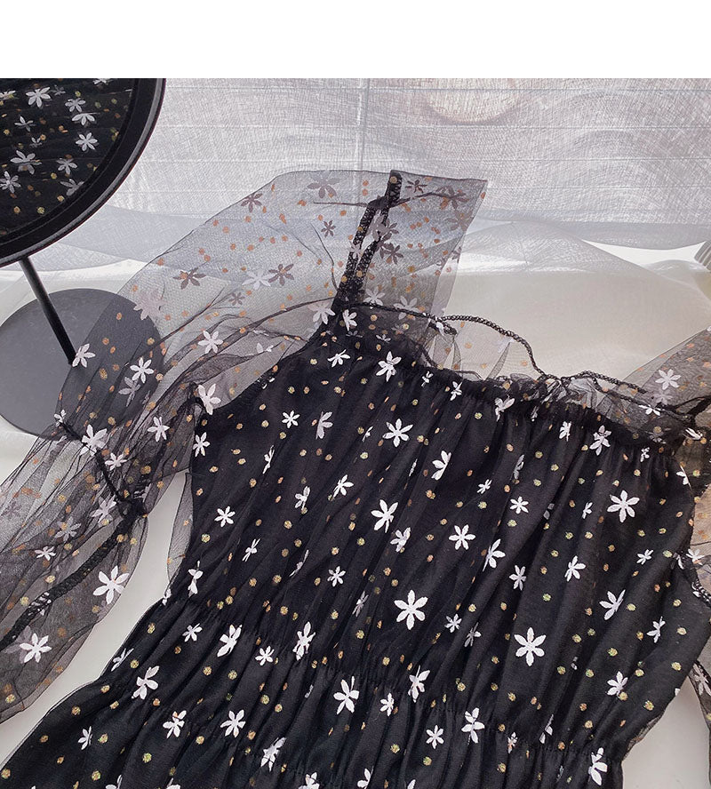 Gauze floral long sleeve square neck slim short blouse  6261
