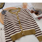 Single breasted crew neck striped sweater coat  5996