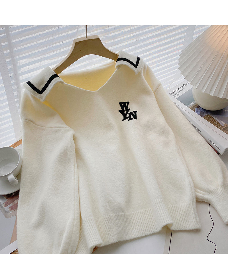 Design personalized letter print contrast Navy collar long sleeve top  6012