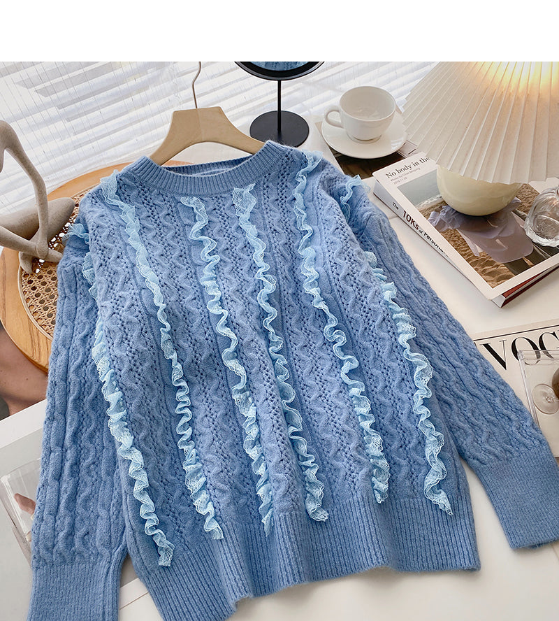 Design Sense, gewellter Spitzenpullover, lockeres, süßes Oberteil mit Rundhalsausschnitt 6088