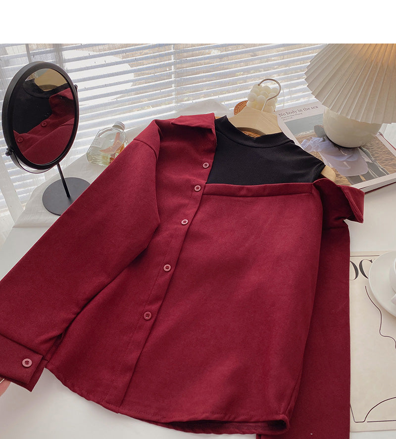 Design off shoulder stitching long sleeve Pullover Crew Neck Shirt  6334
