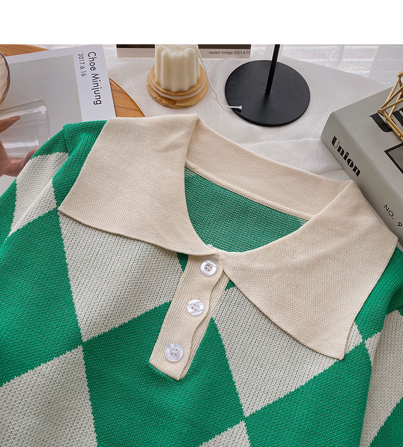 Plaid long sleeve top retro versatile short slim sweater  6681