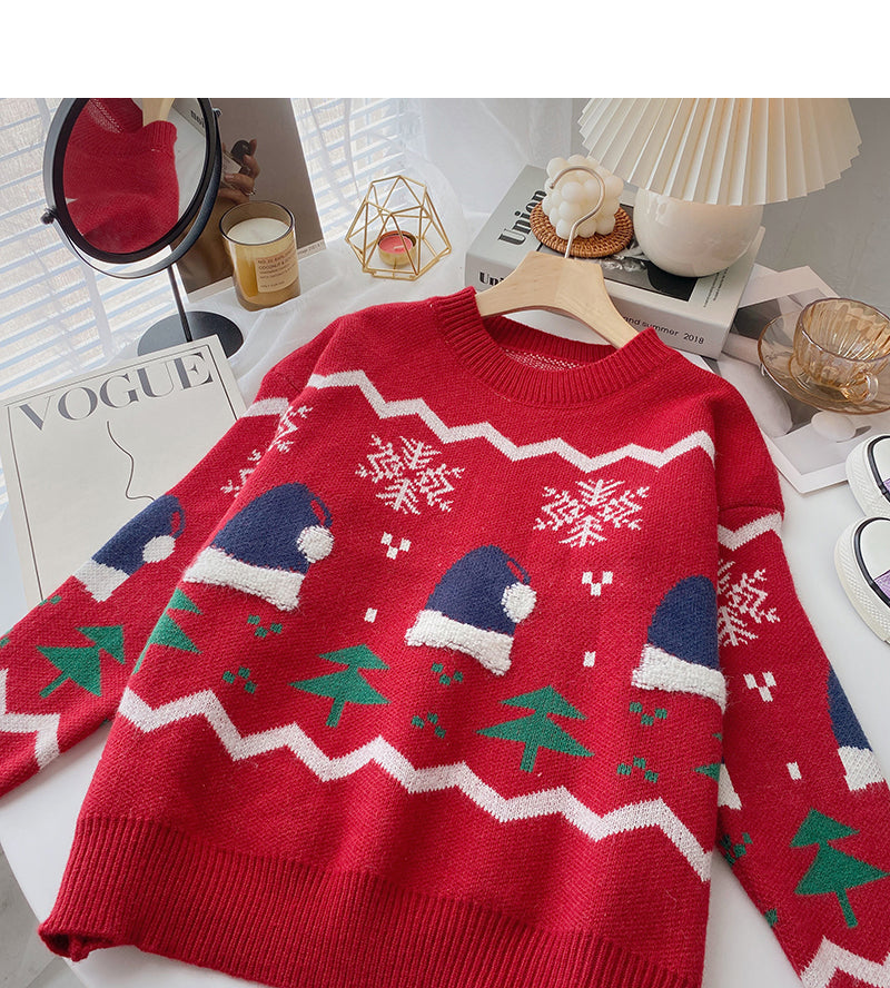 Weihnachtsmütze Jacquard Kontrast Pullover Langarm Pullover Top 6161
