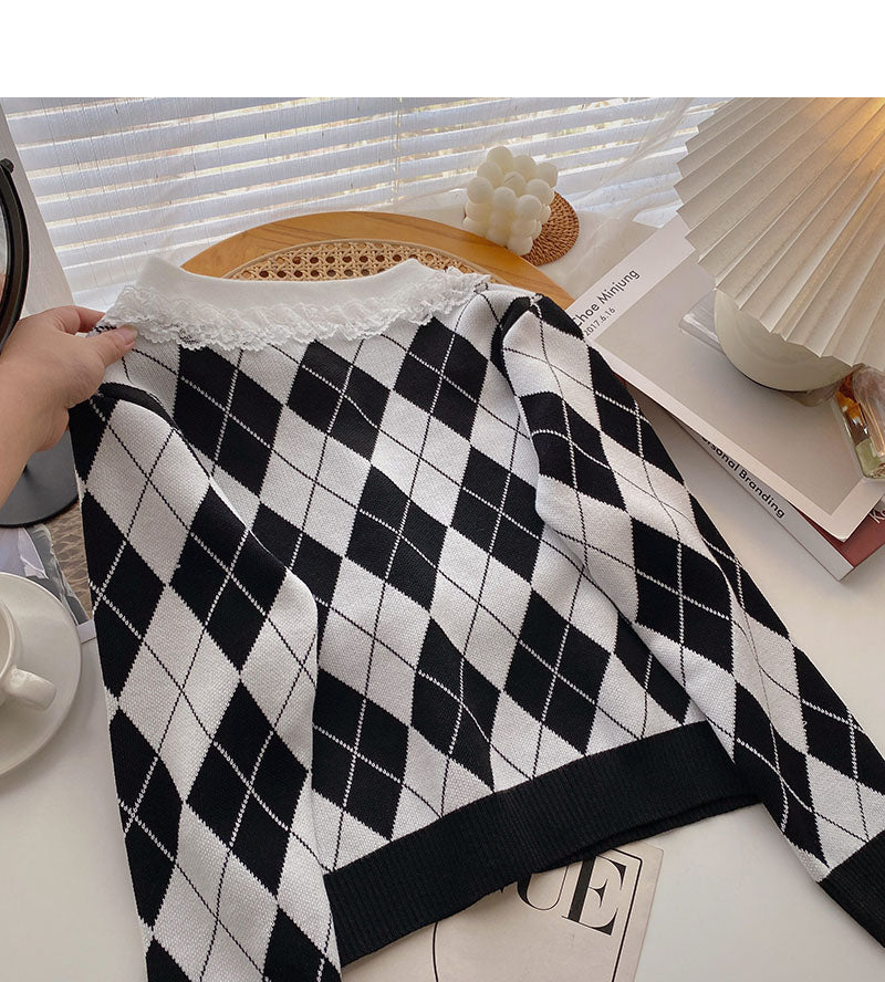 Pull slim à carreaux vintage à col montant en dentelle 6466