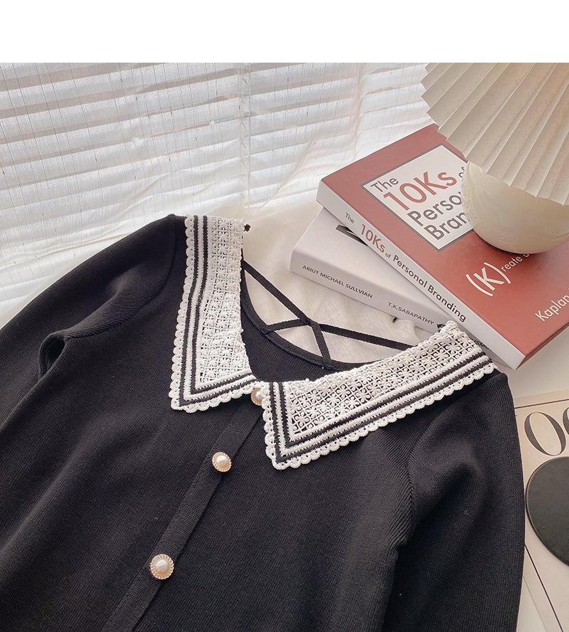 Lace Baby collar stitching design pearl buckle Pullover Sweater  6637