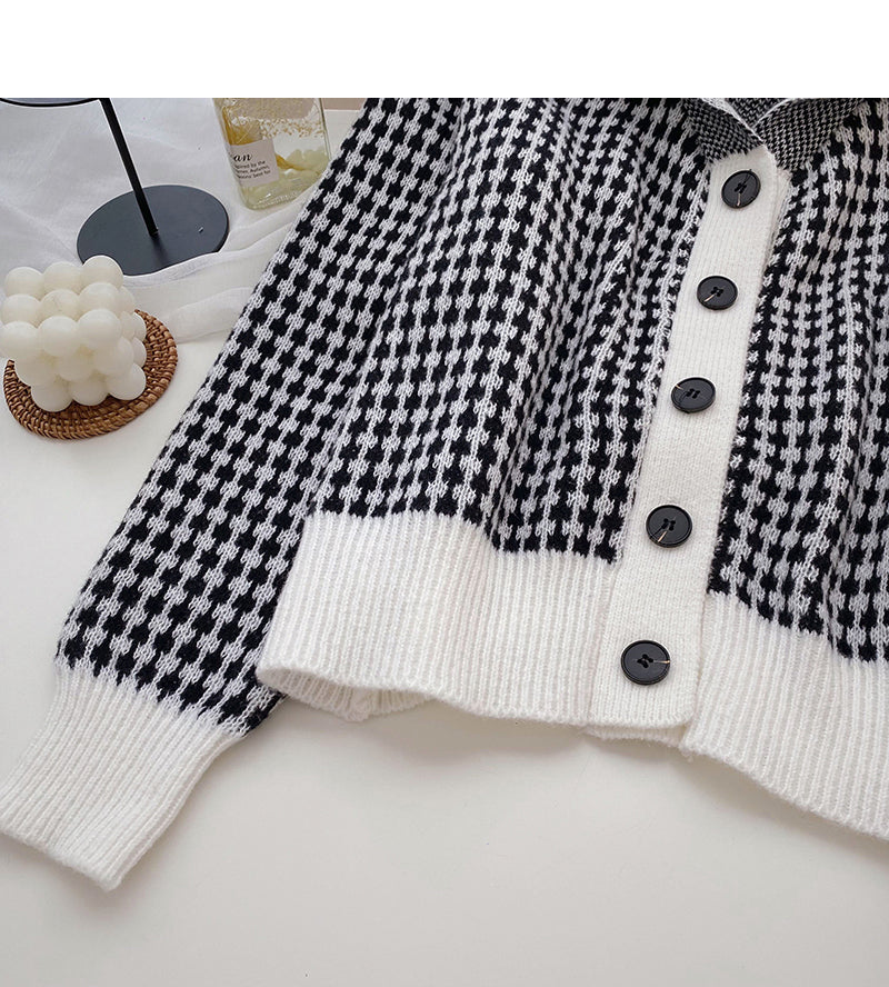 Plaid Navy neck Vintage knit cardigan  5924