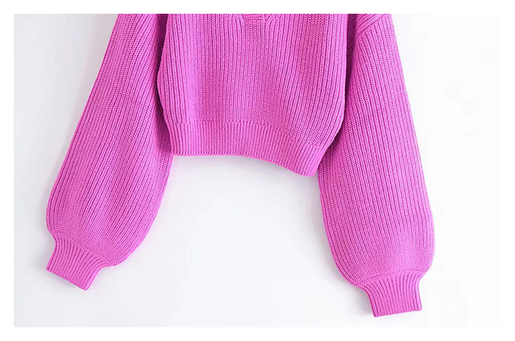 Revers V-Ausschnitt Pullover mit Laternenärmeln Kurzer Vintage-Pullover 7349