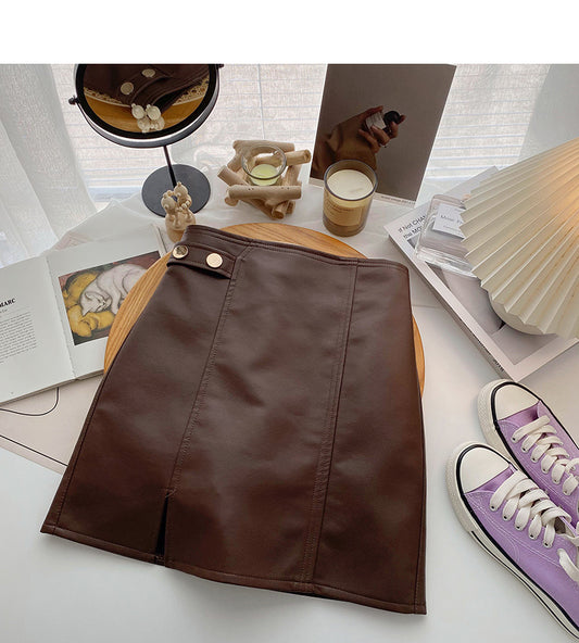 Korean solid color versatile fashion high waist PU leather bag hip skirt  5520
