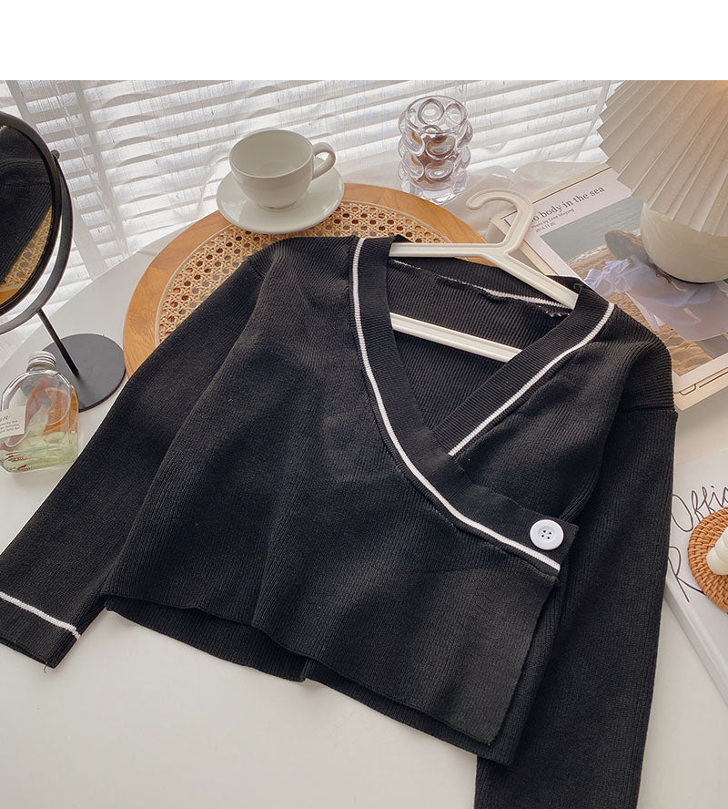 Small man leisure foreign style simple V-neck one button top  6650