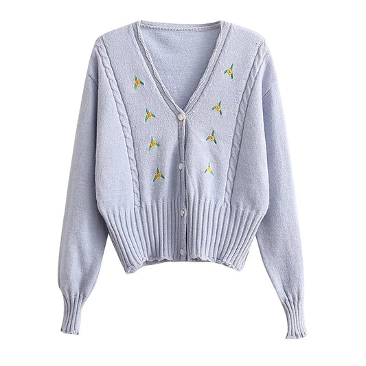 Manteau cardigan court en tricot à manches longues et col en V brodé 7402