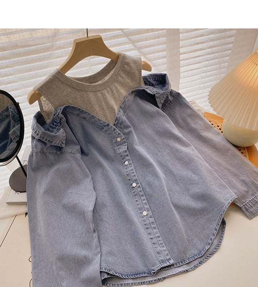 Chemise en jean délavé vintage pour femme, haut ample coréen 6288