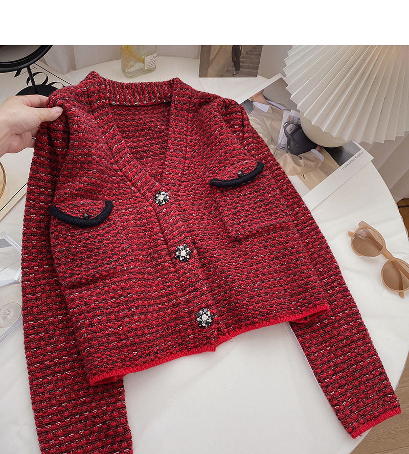Small fragrance retro red sweater cardigan female  6126