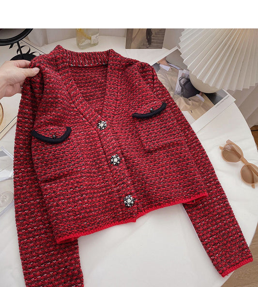 Small fragrance retro red sweater cardigan female  6126