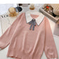 Long sleeve T-shirt design sense nail bead contrast bow top  6605