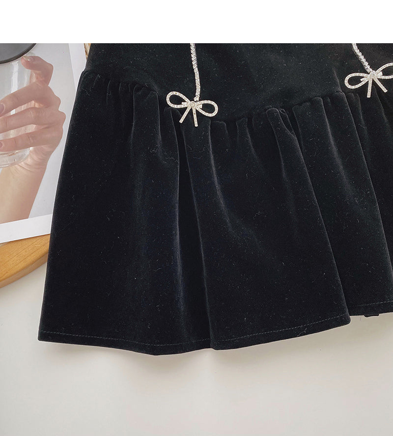 Golden velvet retro diamond studded bow high waist A-line umbrella skirt  5612