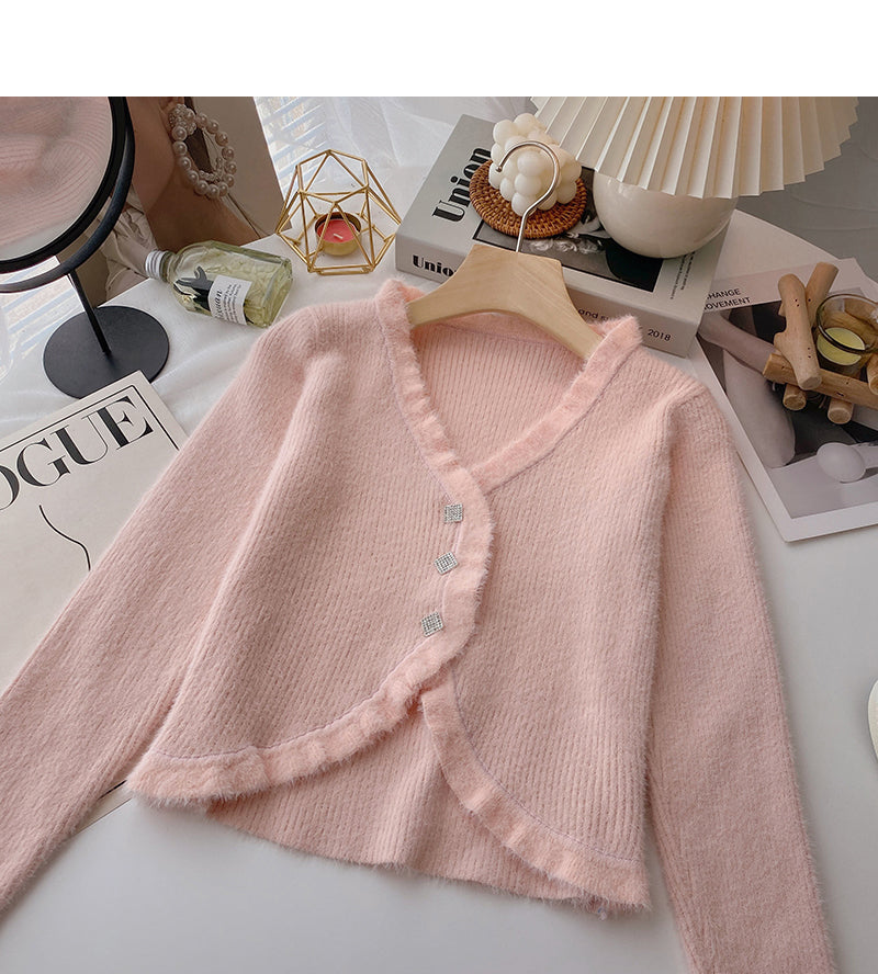 Gentle retro temperament V-neck short slim top cardigan  6153