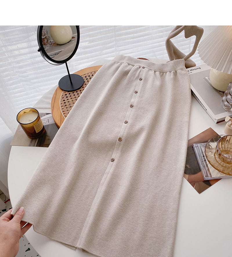 Leisure port style solid high waist button split A-line skirt  5804