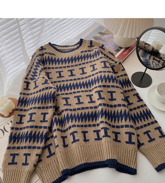 Lazy Hong Kong retro contrast color round neck long sleeve loose top  5963