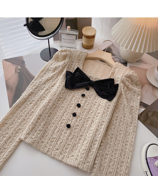 Chemise française vintage à col carré et manches longues avec nœud, haut tendance 6389