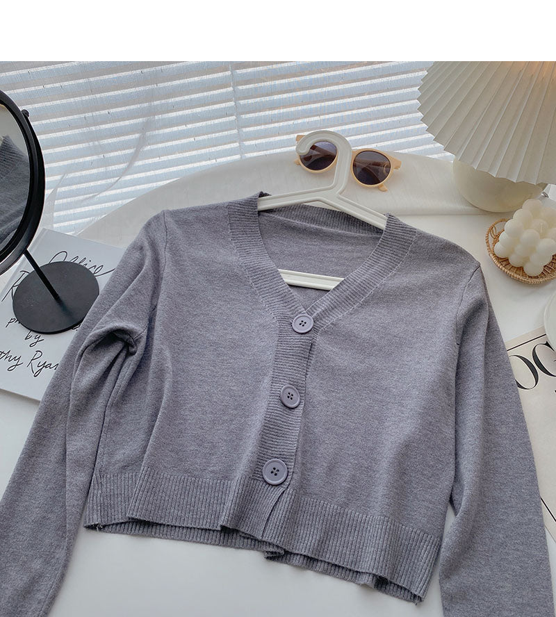 Long sleeve V-neck short T-shirt solid small coat  6442
