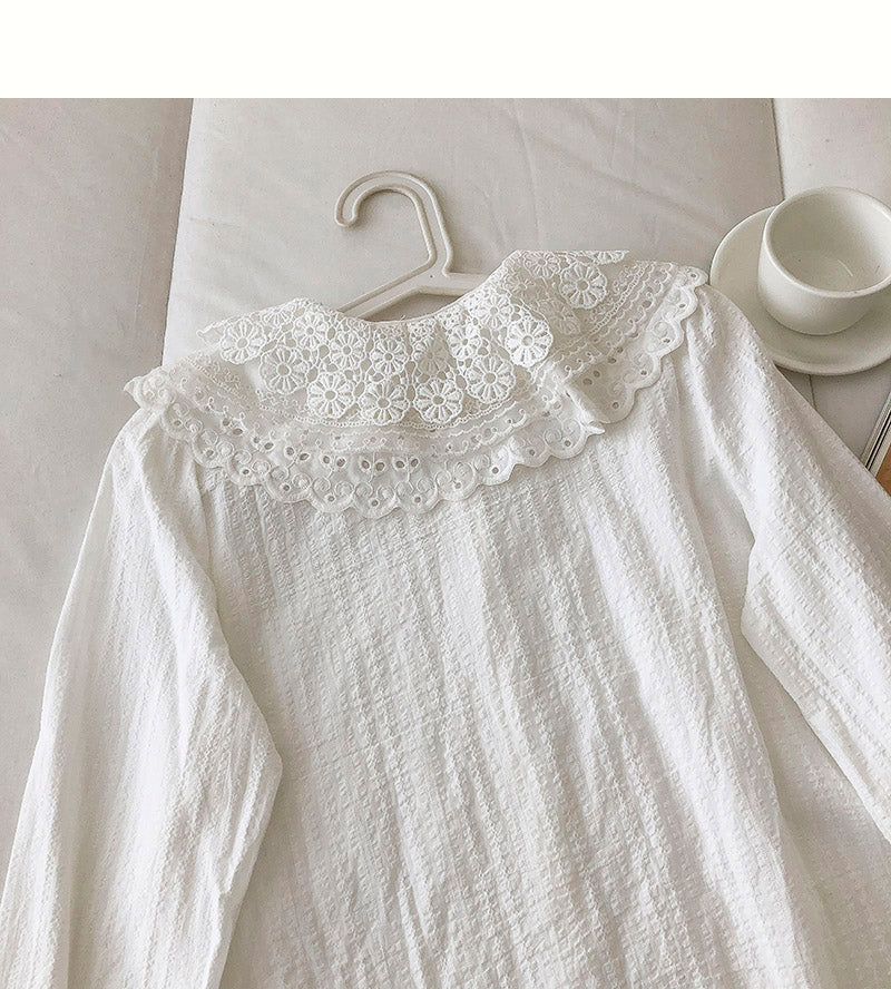 Female Crocheted hollow out baby collar breasted cotton linen shirt  6250