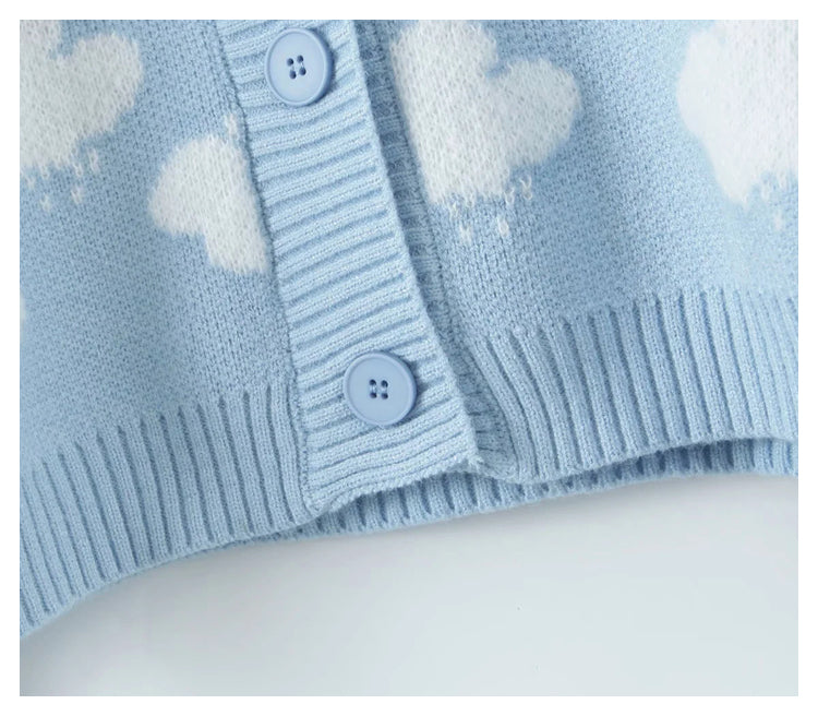 Sweet aging V-neck cloud jacquard knitted cardigan  7312