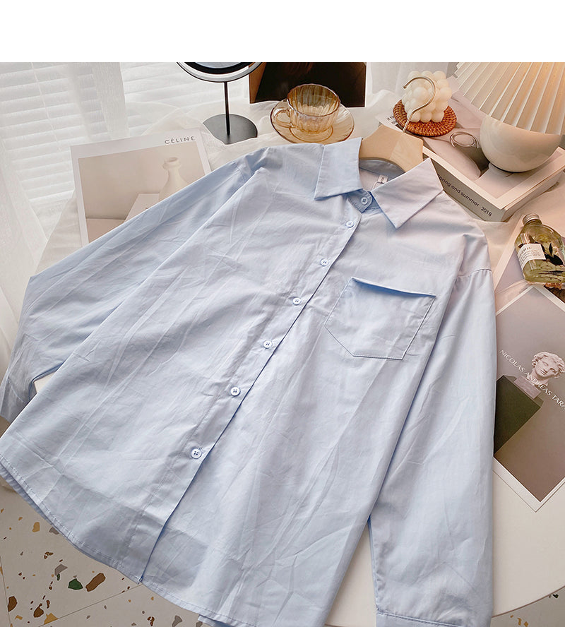 Solid long sleeve shirt versatile simple Lapel cardigan top  6417