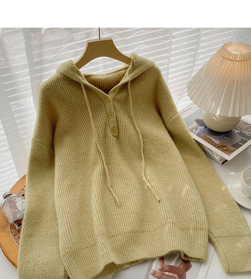 Design feel loose drawstring hooded long sleeve top  5980