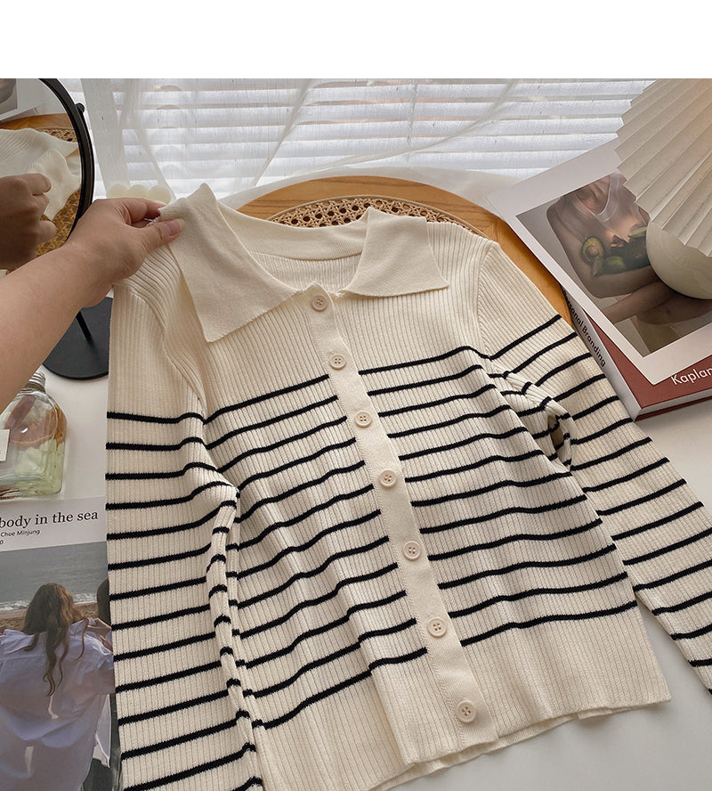 Design sense color blocking stripes show thin slim Lapel top  6553
