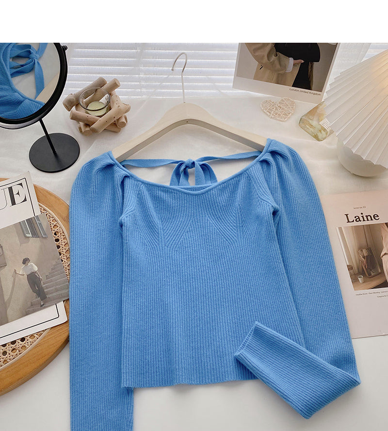 Large round neck leaky clavicle sweater bandage long sleeve top  6611