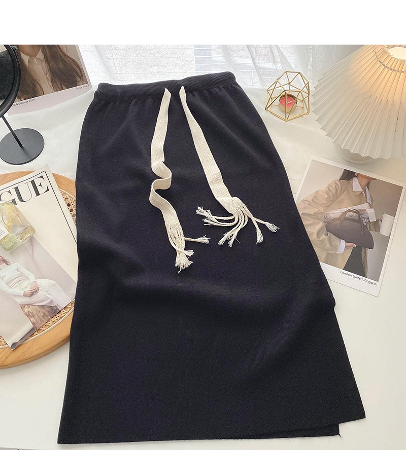 Versatile pop drawstring high waist split A-line skirt  5794