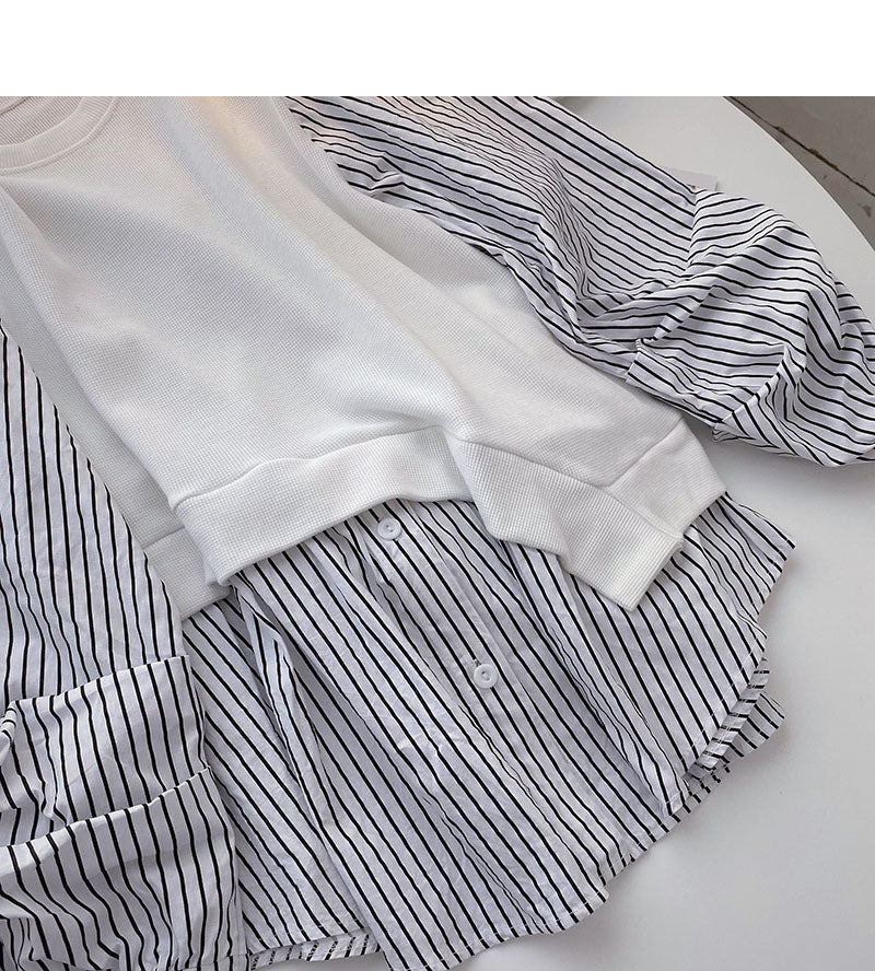 Design sense stripe stitching fake two shirts  6281