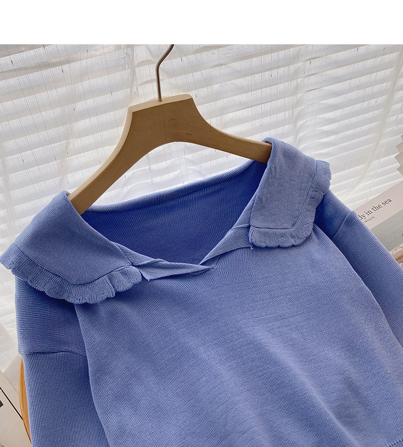 Lace Navy collar age reducing short sweater  6574