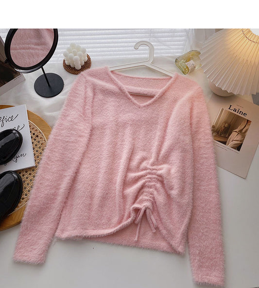 Nerzimitat Pullover Nische V-Ausschnitt Kordelzug Slim Top 6577