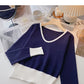 Versatile design contrast V-Neck long sleeve top  6694