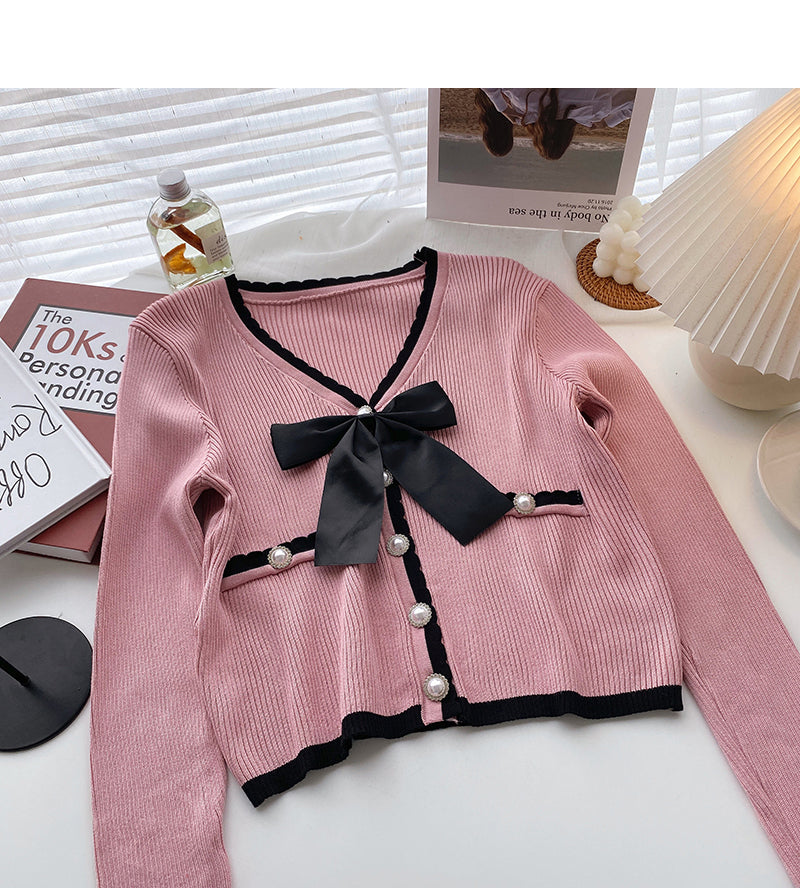 Xiaoxiangfeng V-neck color matching bow knit  6632