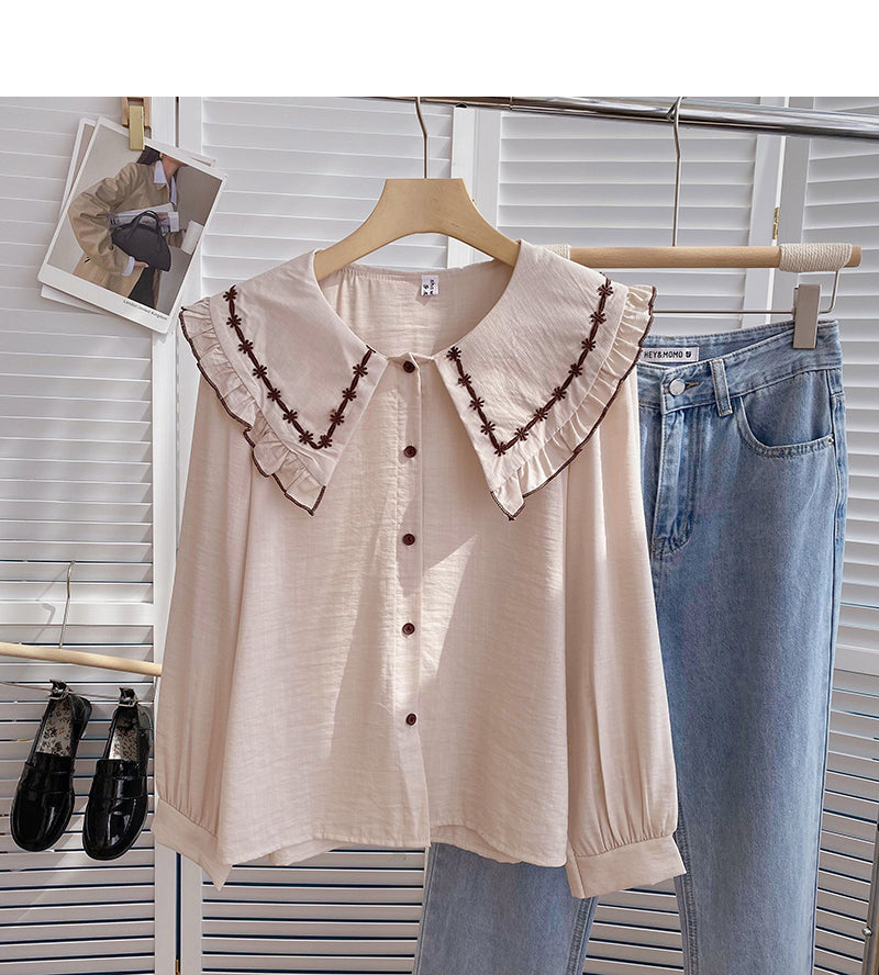 Korean version of thin Hong Kong style retro art doll collar single breasted top  6402