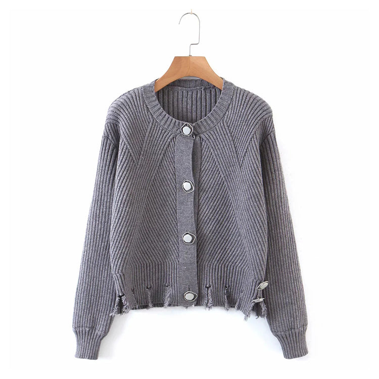 Gestrickter Cardigan mit unregelmäßigen Knöpfen und Rundhalsausschnitt und langen Ärmeln 7358
