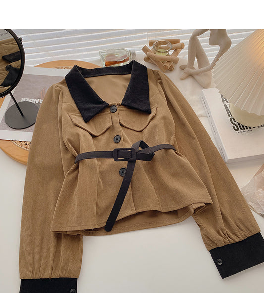 Vintage color matching Lapel long sleeve slim shirt with belt  6364